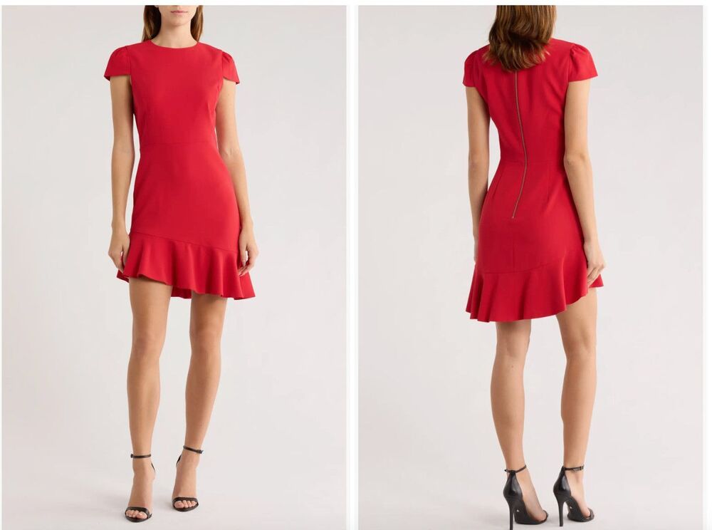 New Alice + Olivia Fable Asymmetric Ruffle Dress in Red Size 10